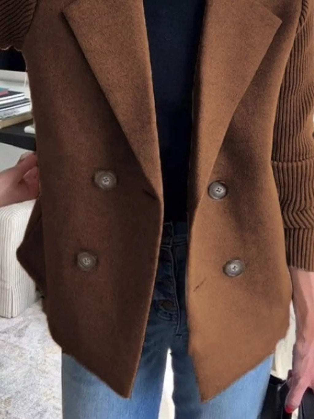 Full Size Knitted Sleeve Wool Blend Double-Breasted Blazer Plus Size.