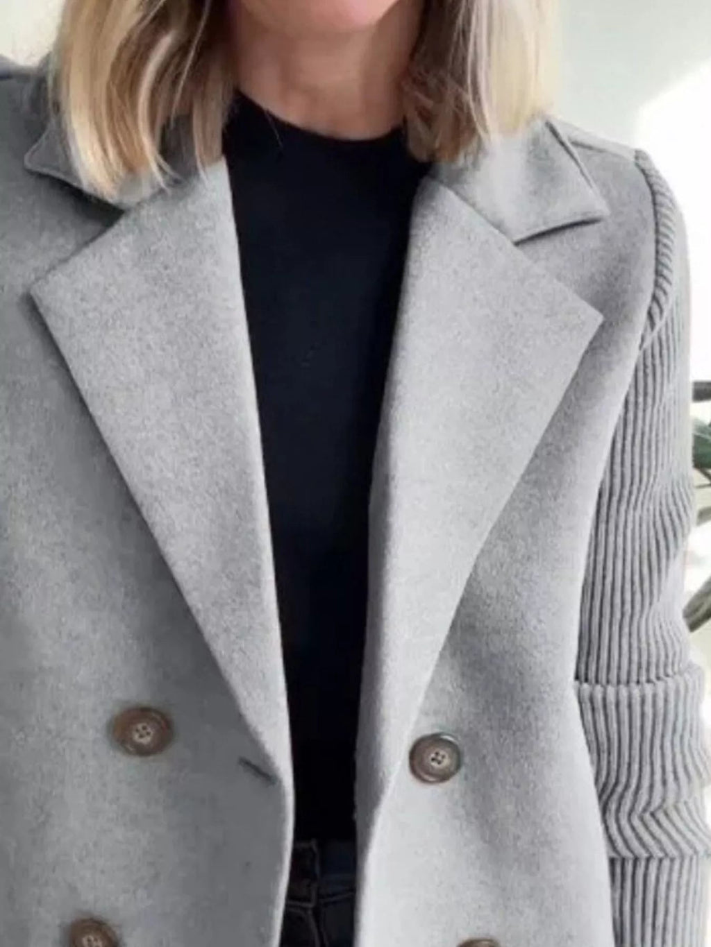 Full Size Knitted Sleeve Wool Blend Double-Breasted Blazer Plus Size.