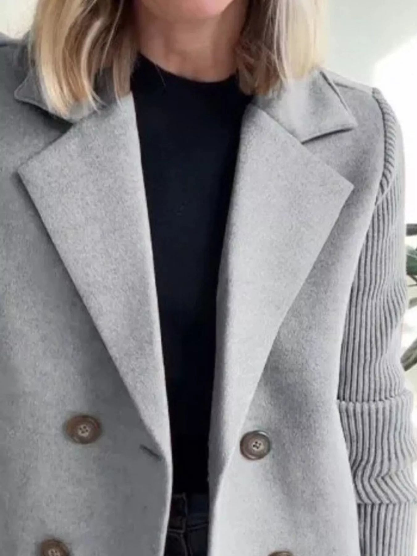 Full Size Knitted Sleeve Wool Blend Double-Breasted Blazer Plus Size.