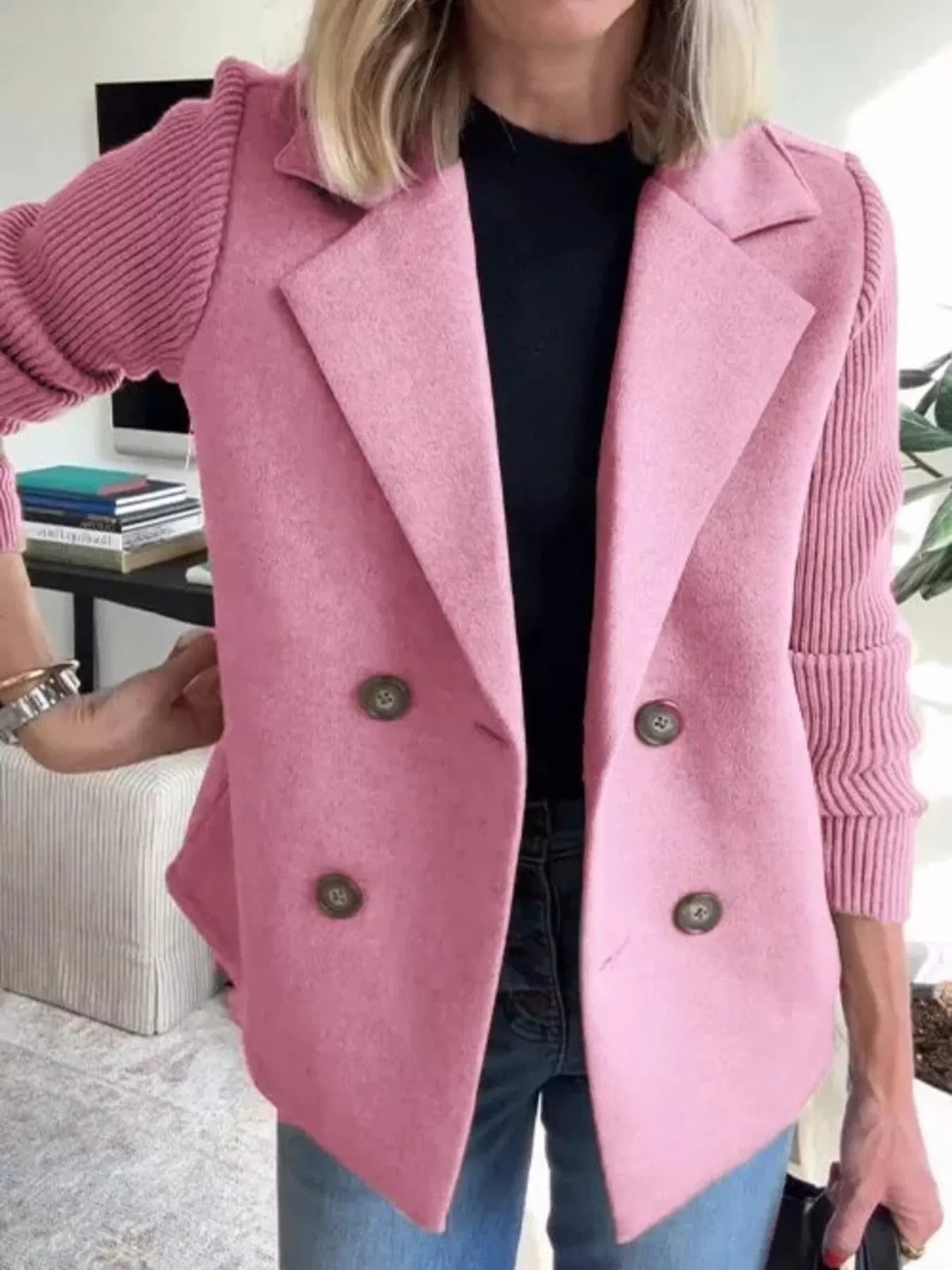 Full Size Knitted Sleeve Wool Blend Double - Breasted Blazer Plus Size