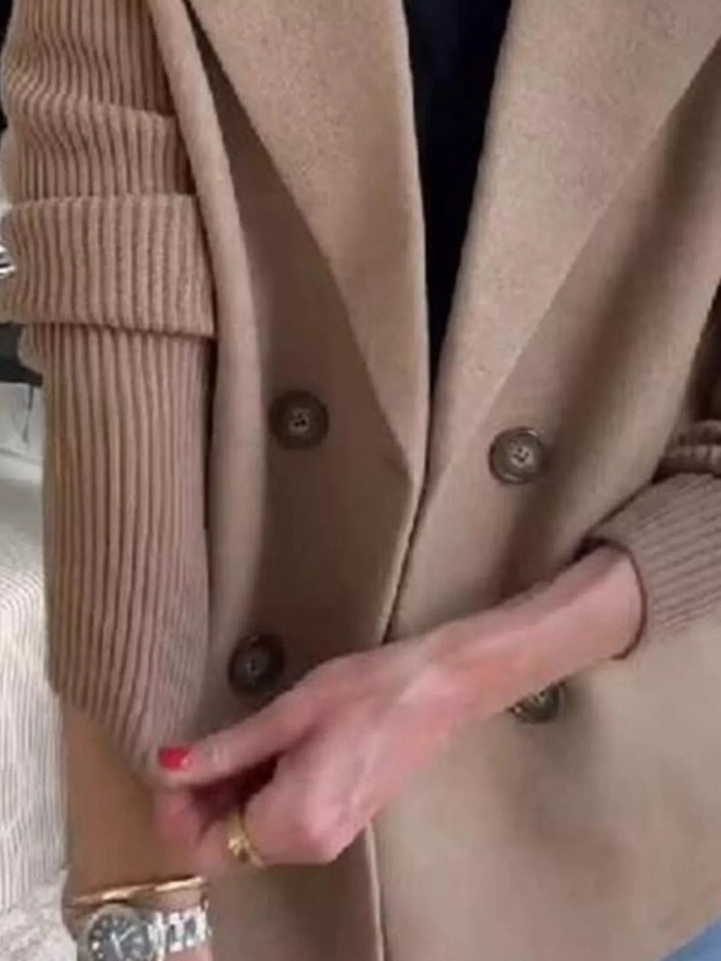 Full Size Knitted Sleeve Wool Blend Double-Breasted Blazer Plus Size.