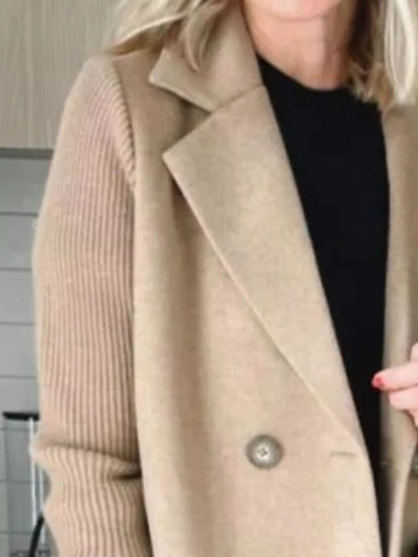 Full Size Knitted Sleeve Wool Blend Double-Breasted Blazer Plus Size.