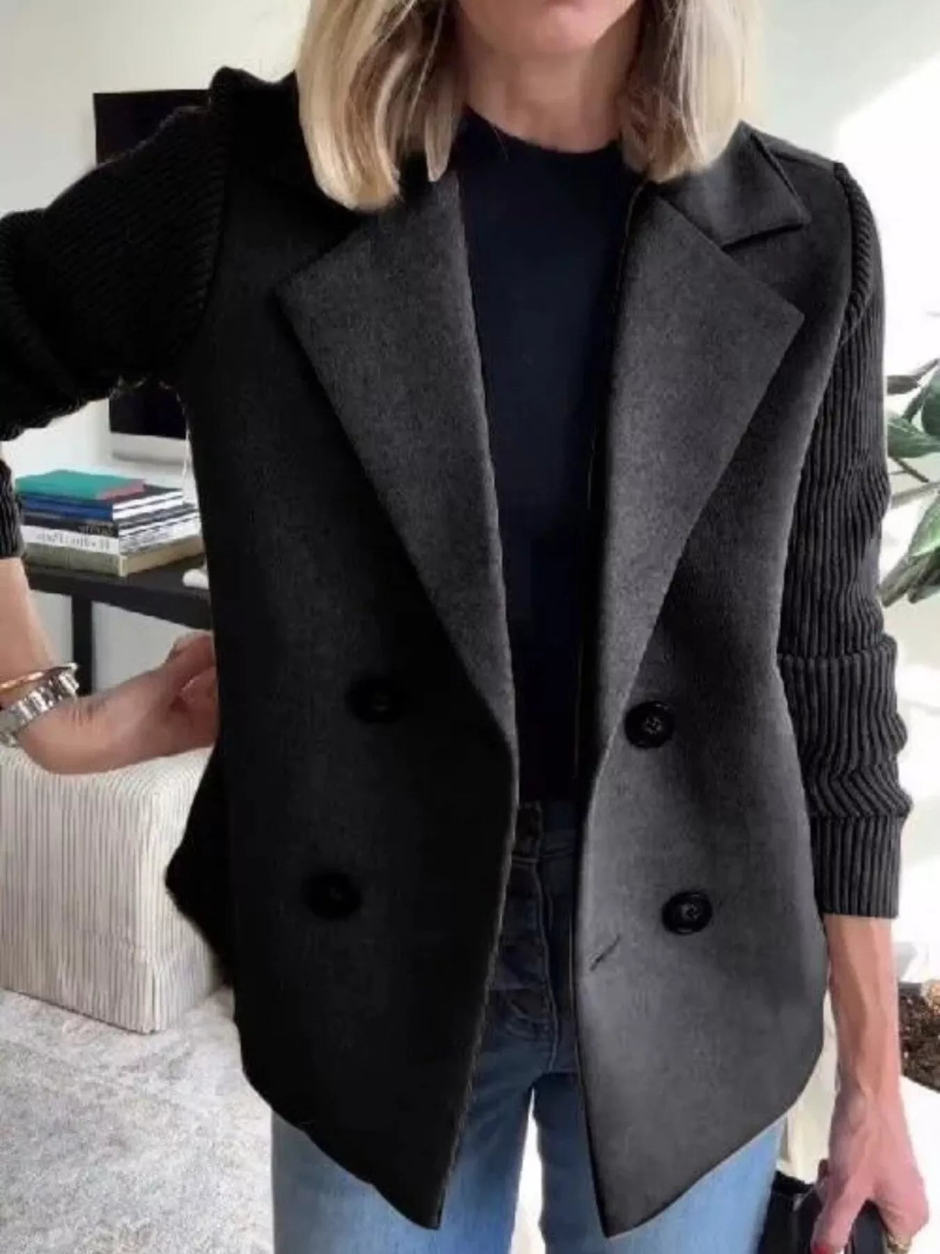Full Size Knitted Sleeve Wool Blend Double-Breasted Blazer Plus Size.