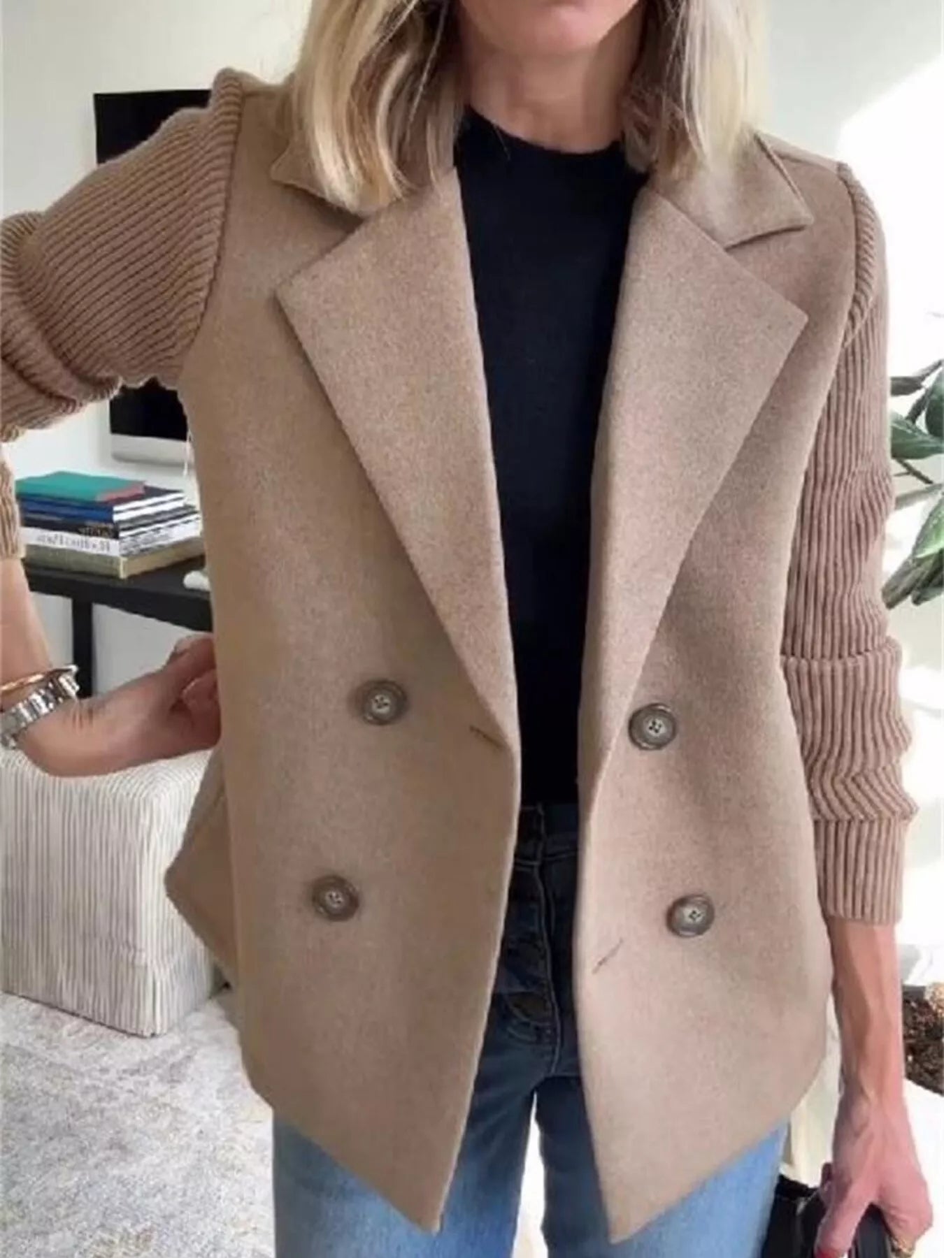 Full Size Knitted Sleeve Wool Blend Double-Breasted Blazer Plus Size.