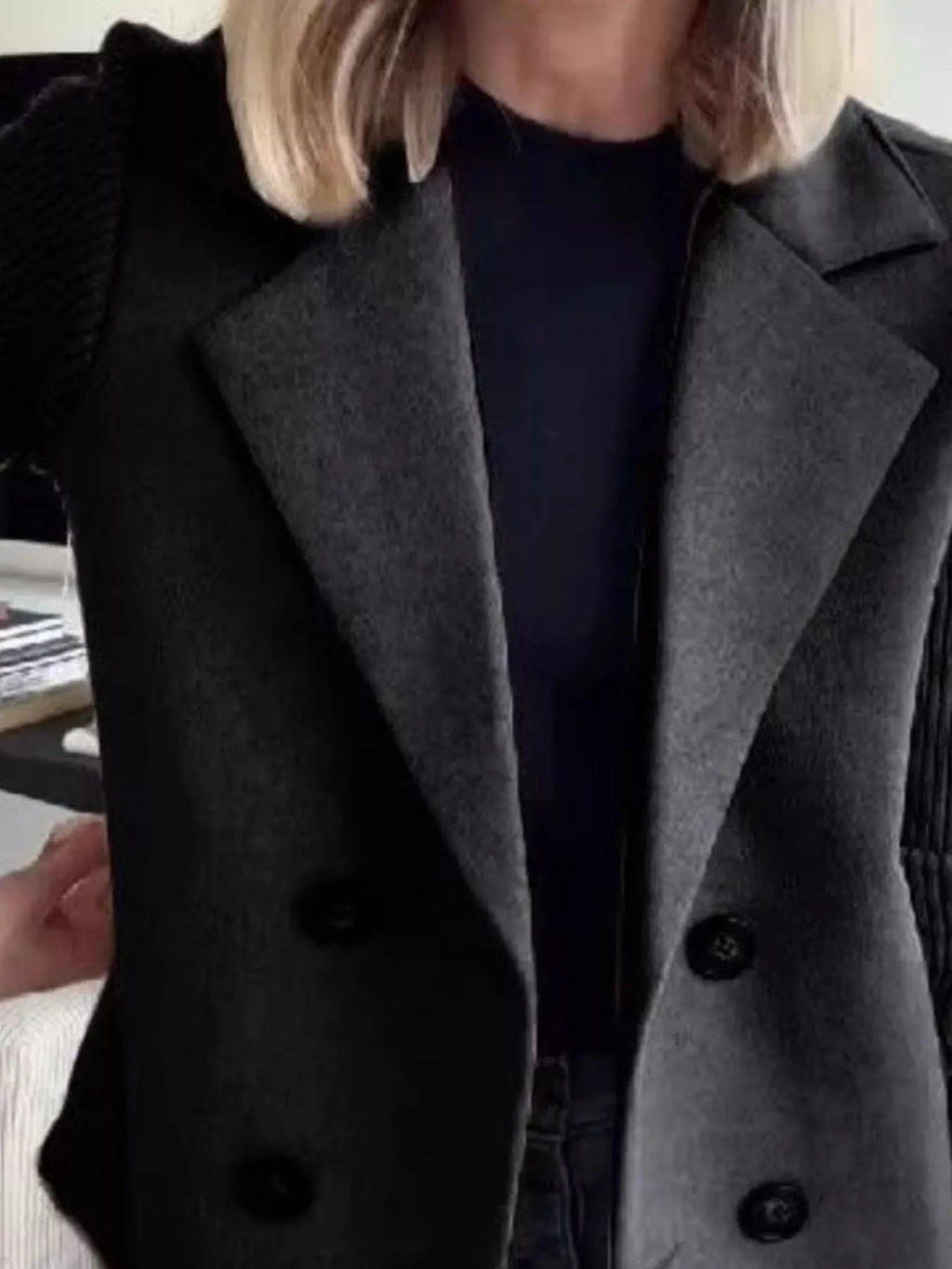 Full Size Knitted Sleeve Wool Blend Double-Breasted Blazer Plus Size.