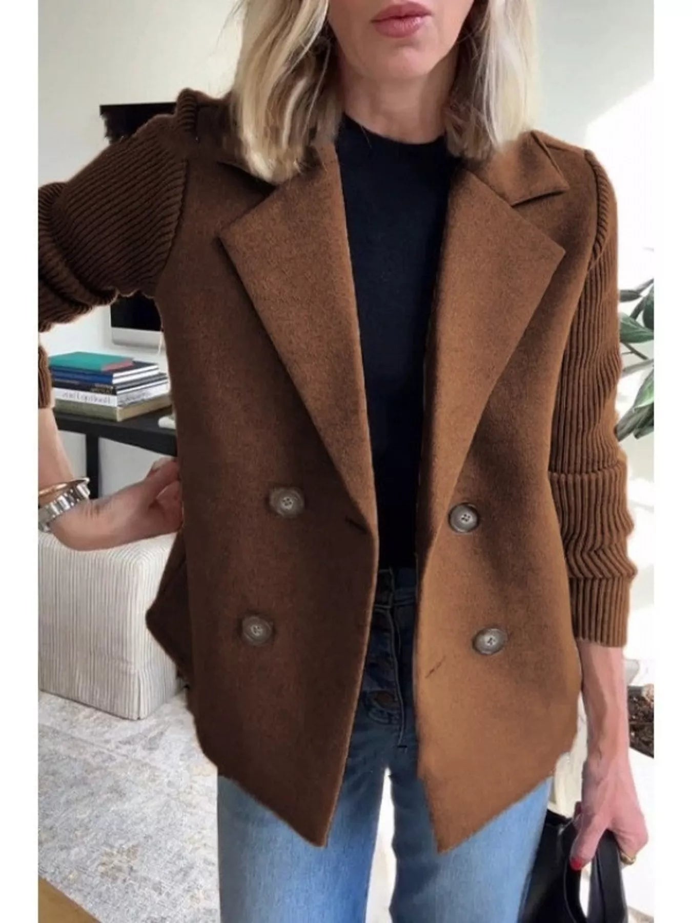 Full Size Knitted Sleeve Wool Blend Double-Breasted Blazer Plus Size.