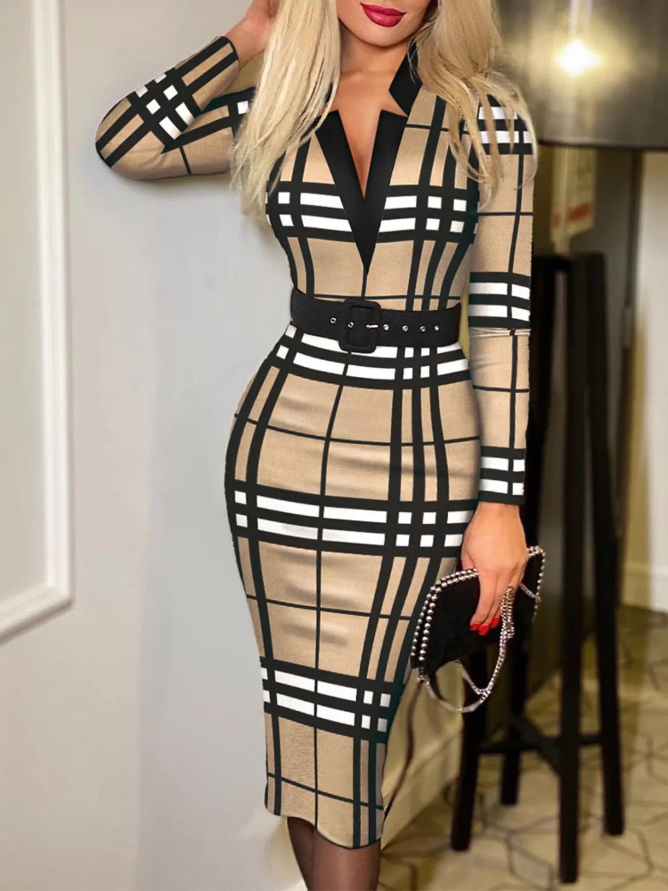 Full Size Notched Long Sleeve Dress Plus Size.
