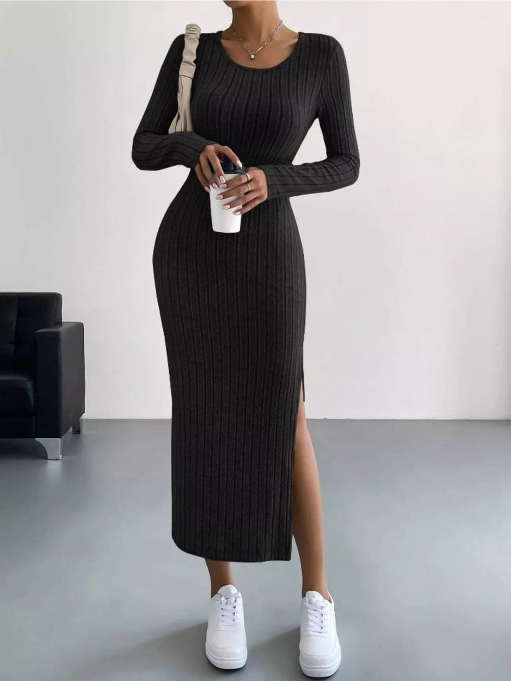 Full Size Ribbed Knit Bodycon Midi Dress Plus Size.