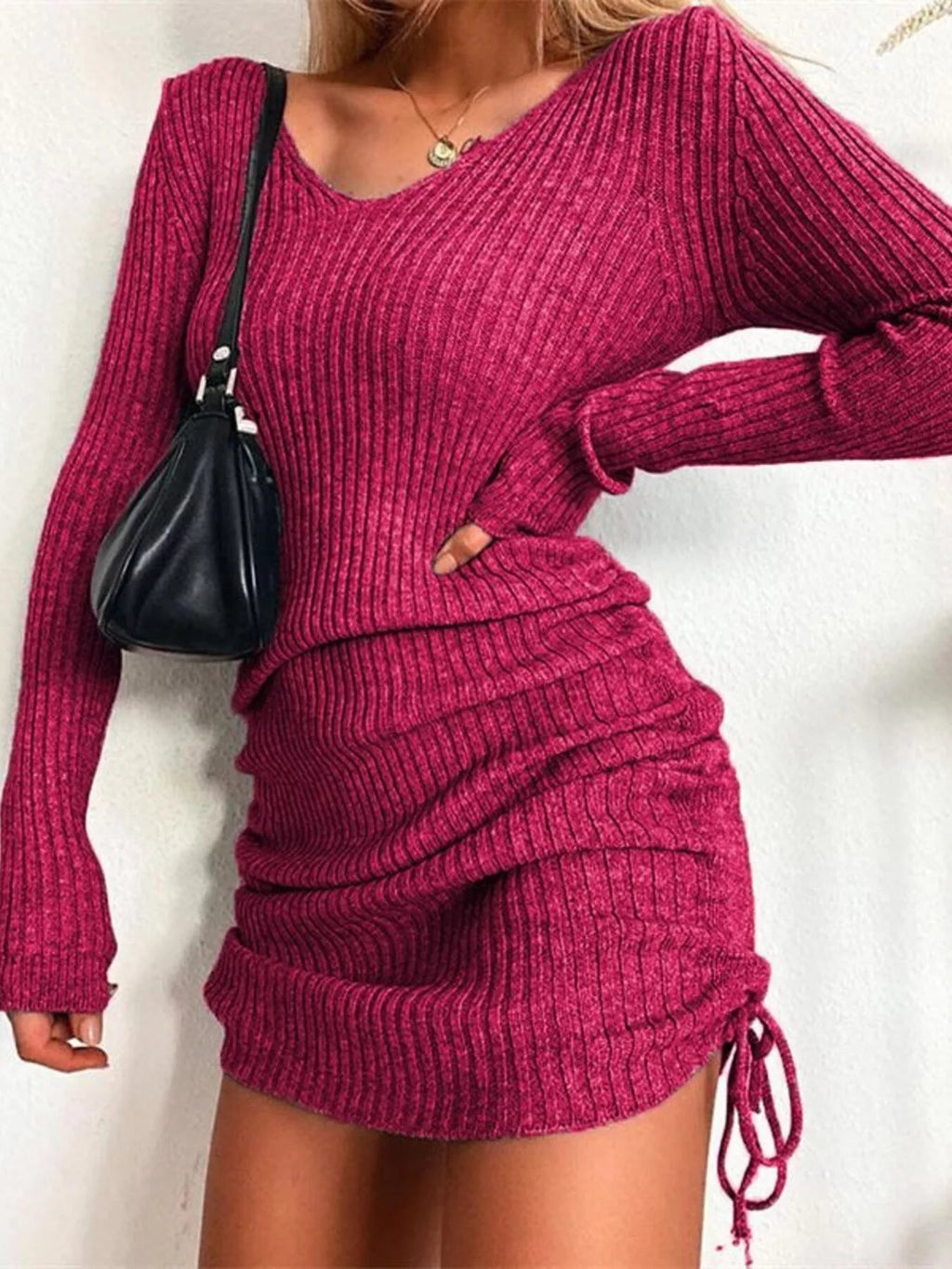 Full Size Ribbed Knit Drawstring Bodycon Sweater Dress Plus Size.