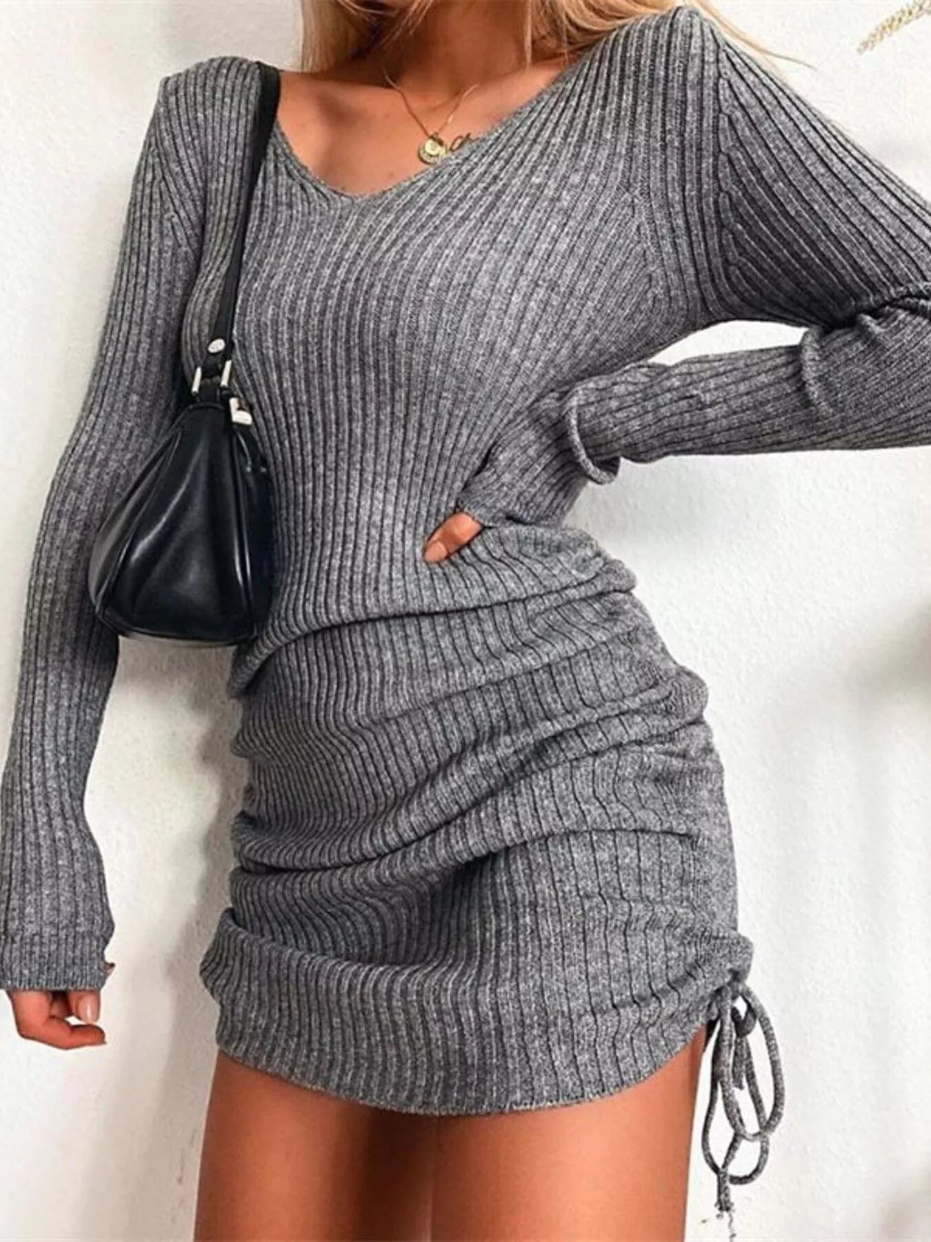 Full Size Ribbed Knit Drawstring Bodycon Sweater Dress Plus Size.