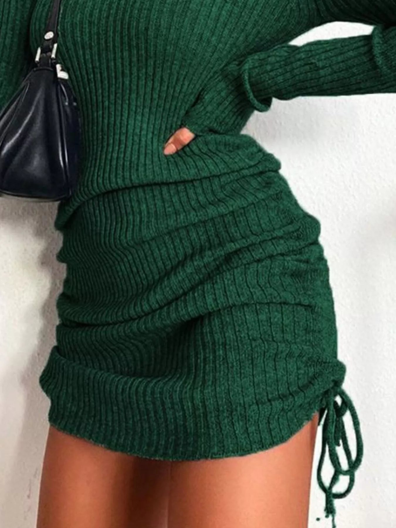 Full Size Ribbed Knit Drawstring Bodycon Sweater Dress Plus Size.