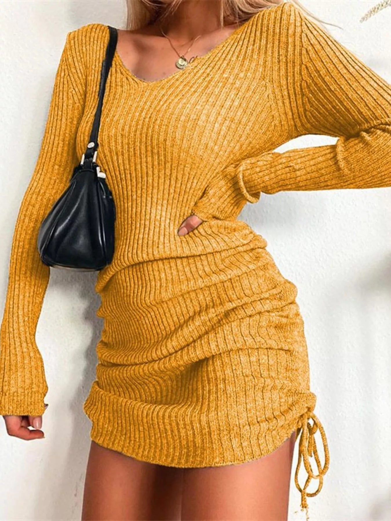 Full Size Ribbed Knit Drawstring Bodycon Sweater Dress Plus Size.