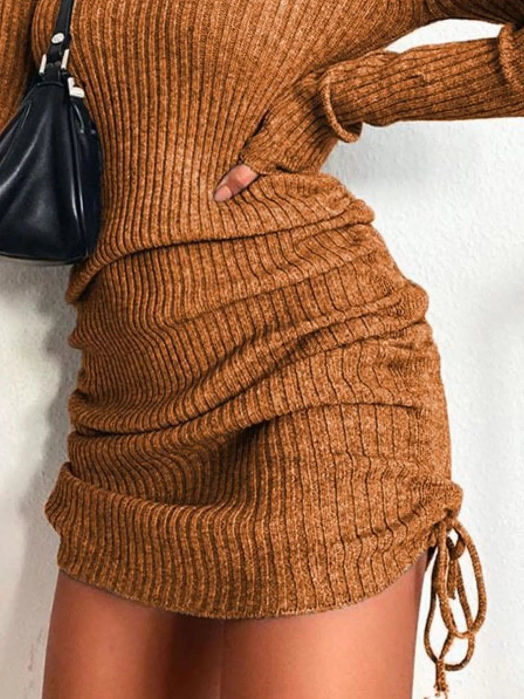 Full Size Ribbed Knit Drawstring Bodycon Sweater Dress Plus Size.
