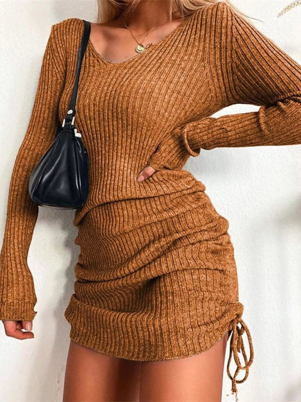 Full Size Ribbed Knit Drawstring Bodycon Sweater Dress Plus Size.
