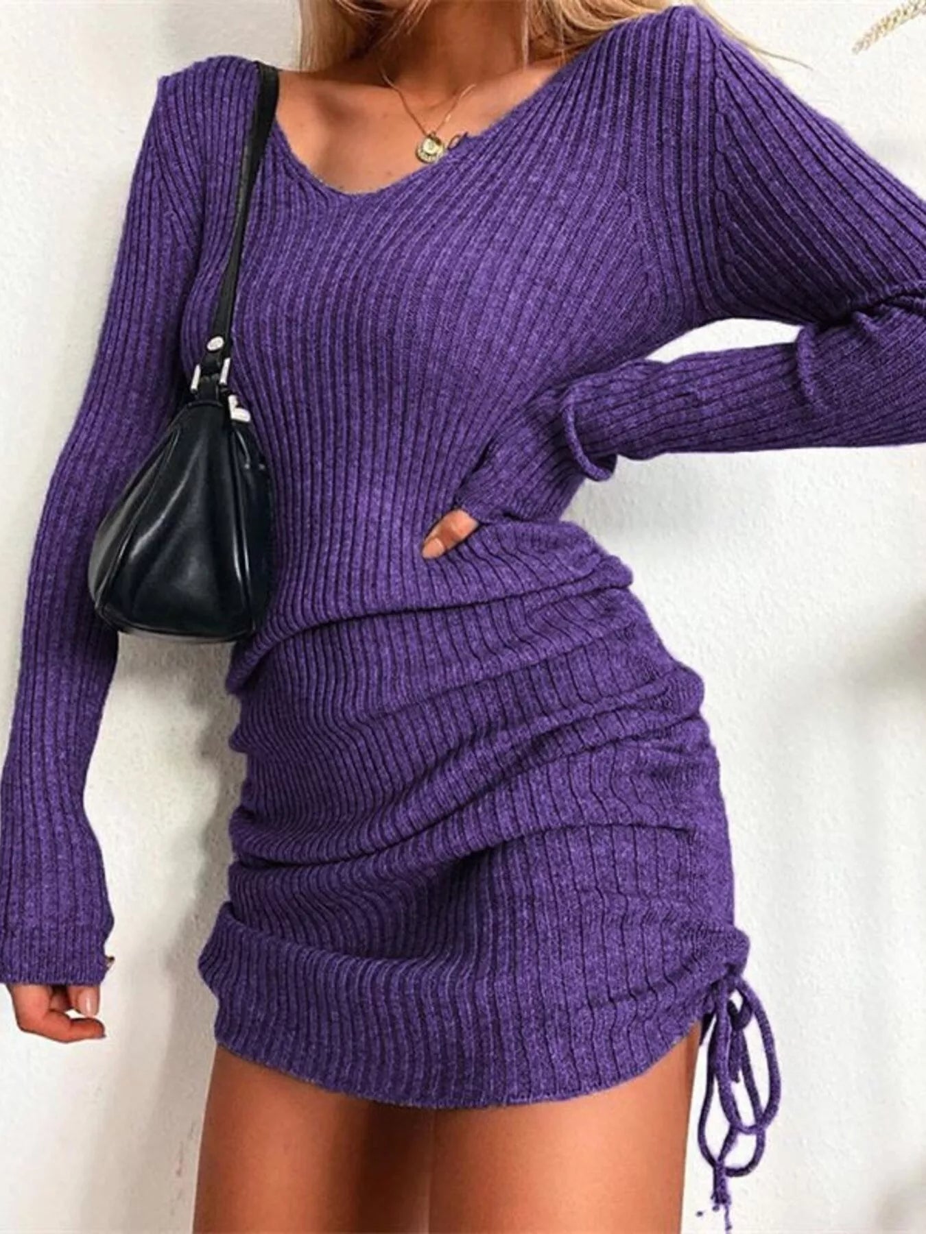 Full Size Ribbed Knit Drawstring Bodycon Sweater Dress Plus SizeSweater Dress