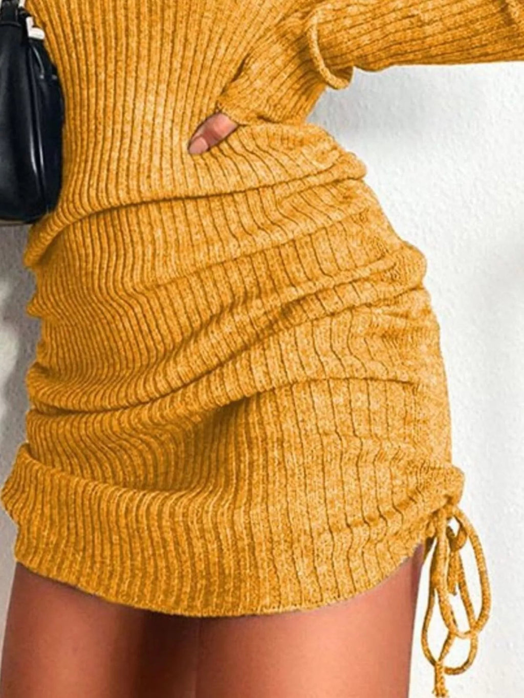 Full Size Ribbed Knit Drawstring Bodycon Sweater Dress Plus Size.