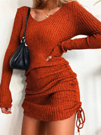 Full Size Ribbed Knit Drawstring Bodycon Sweater Dress Plus Size.