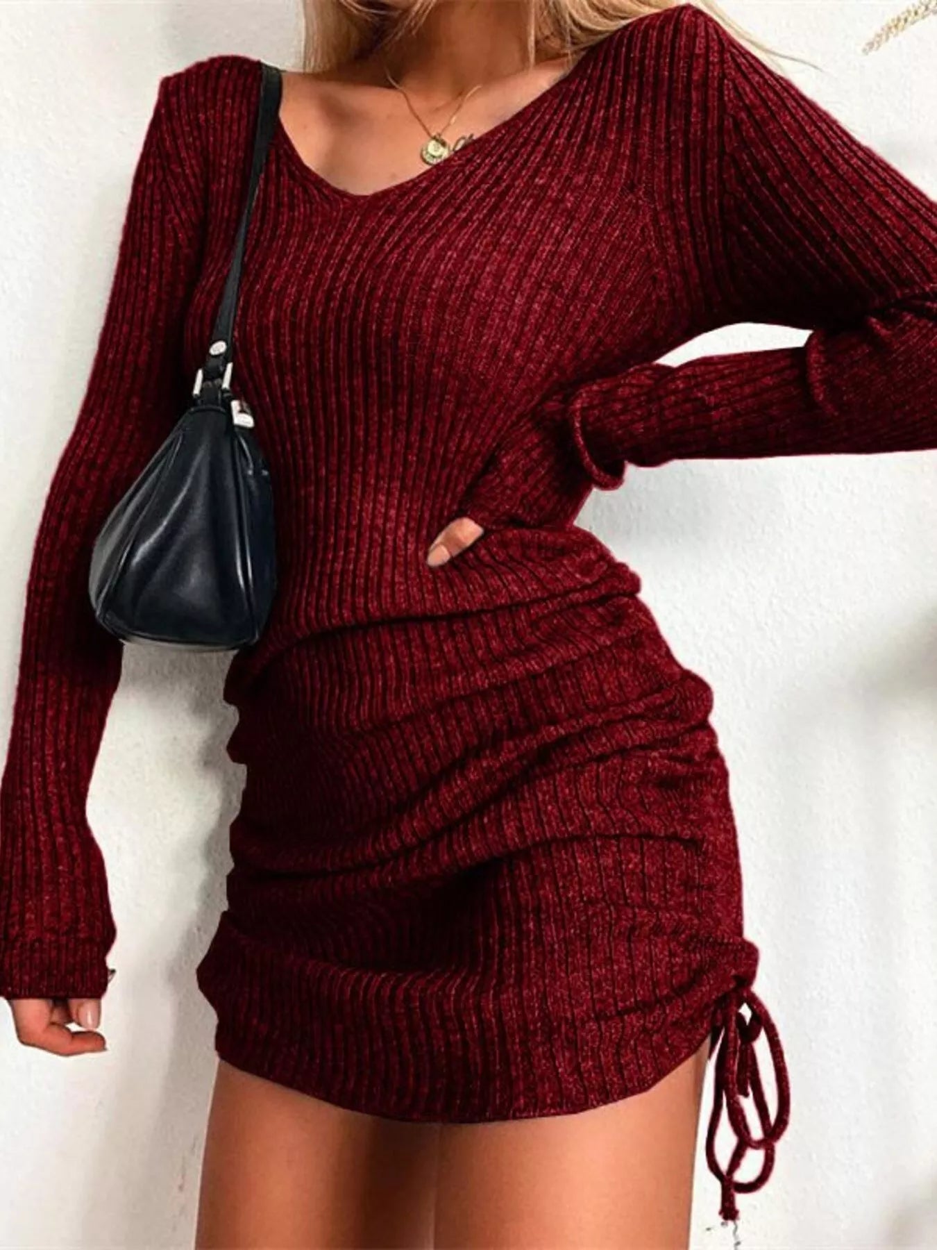 Full Size Ribbed Knit Drawstring Bodycon Sweater Dress Plus Size.