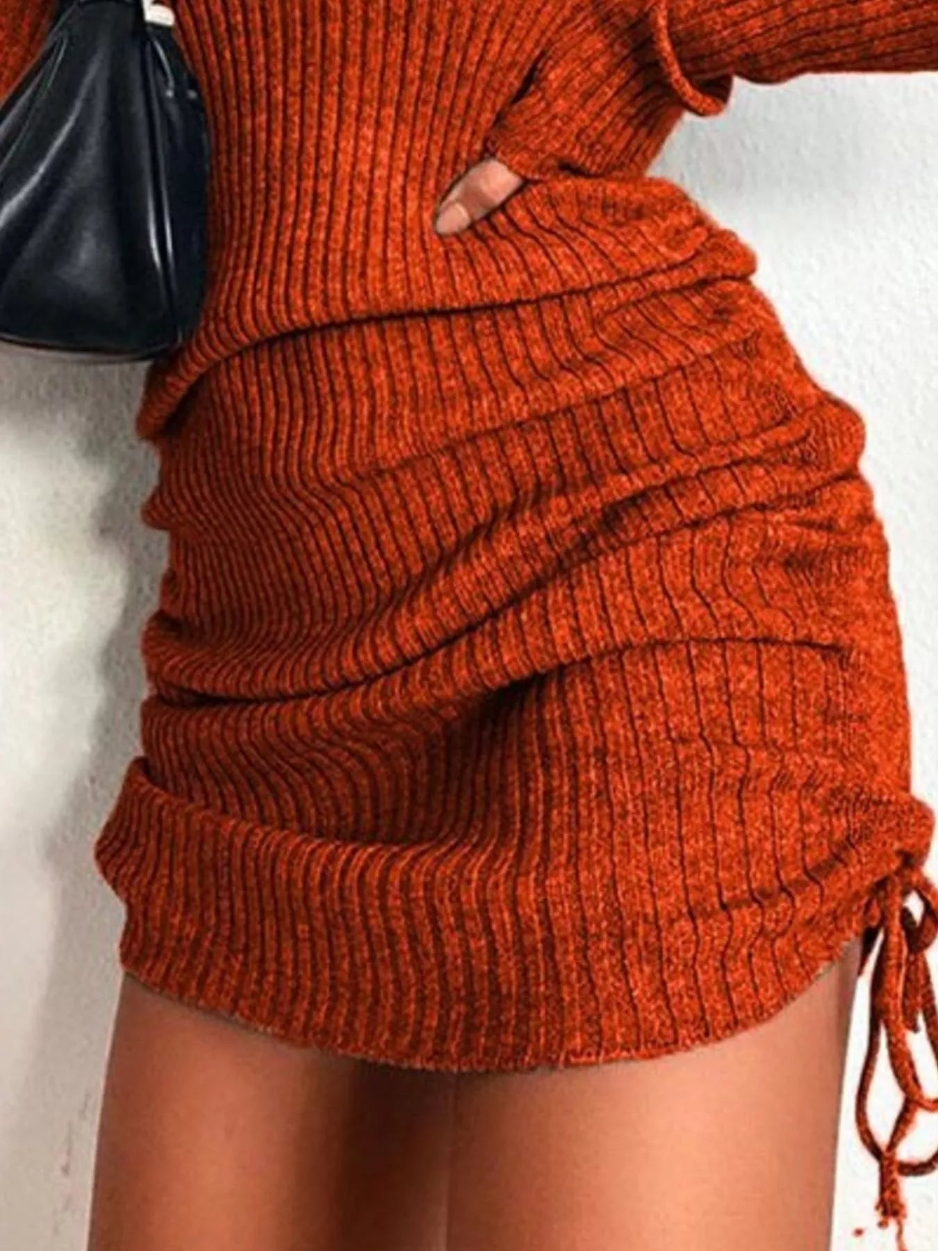 Full Size Ribbed Knit Drawstring Bodycon Sweater Dress Plus Size.