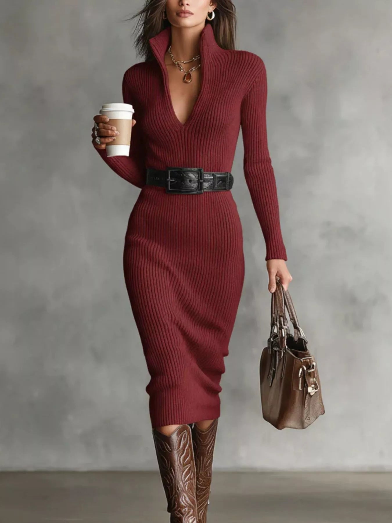 Full Size Ribbed Knit Turtleneck Sweater Dress Plus Size.