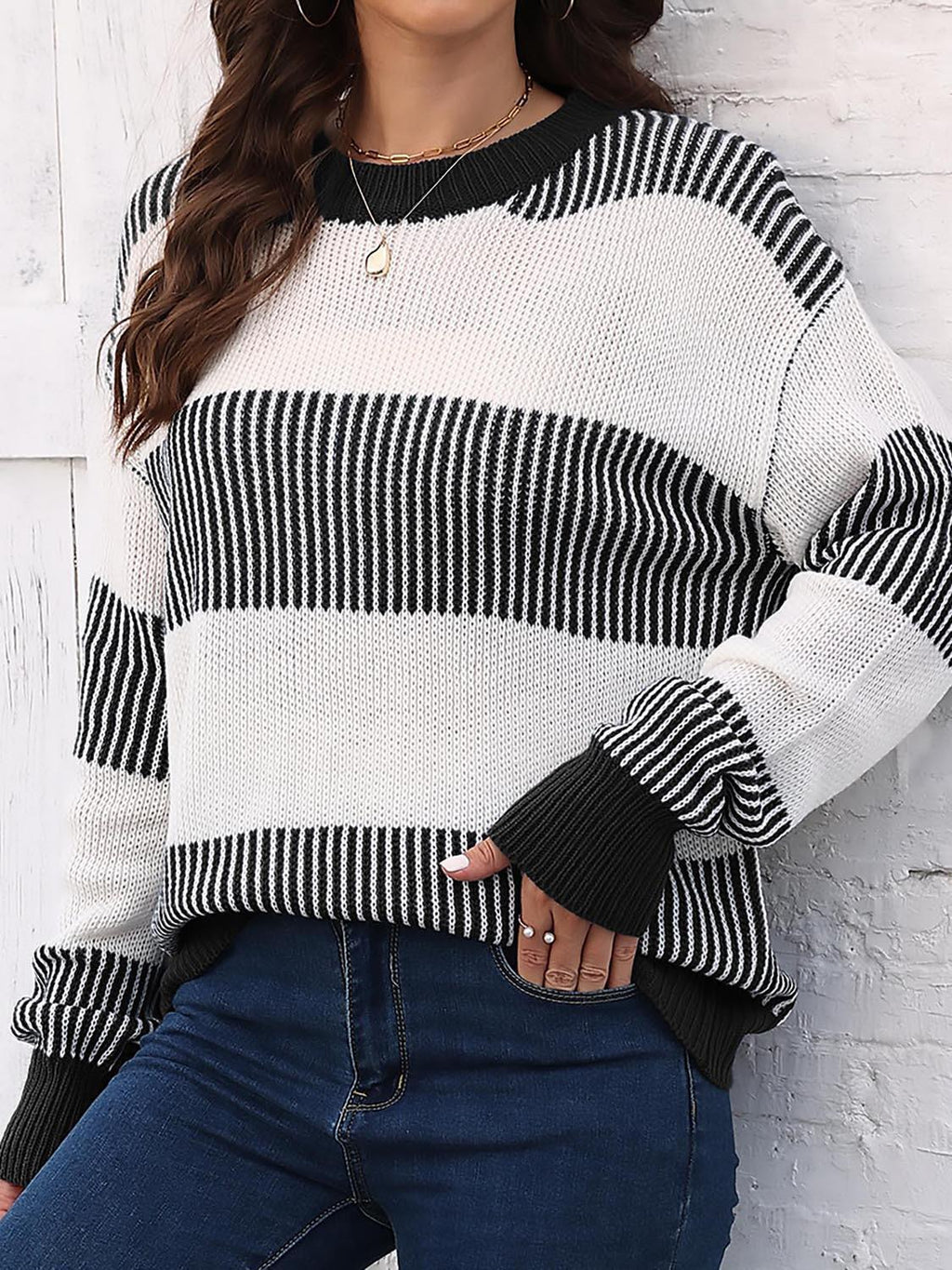 Full Size Round Neck Drop Shoulder Sweater.