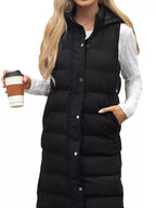 Plus size hooded padded vest providing warmth and style for comfortable outdoor wear.