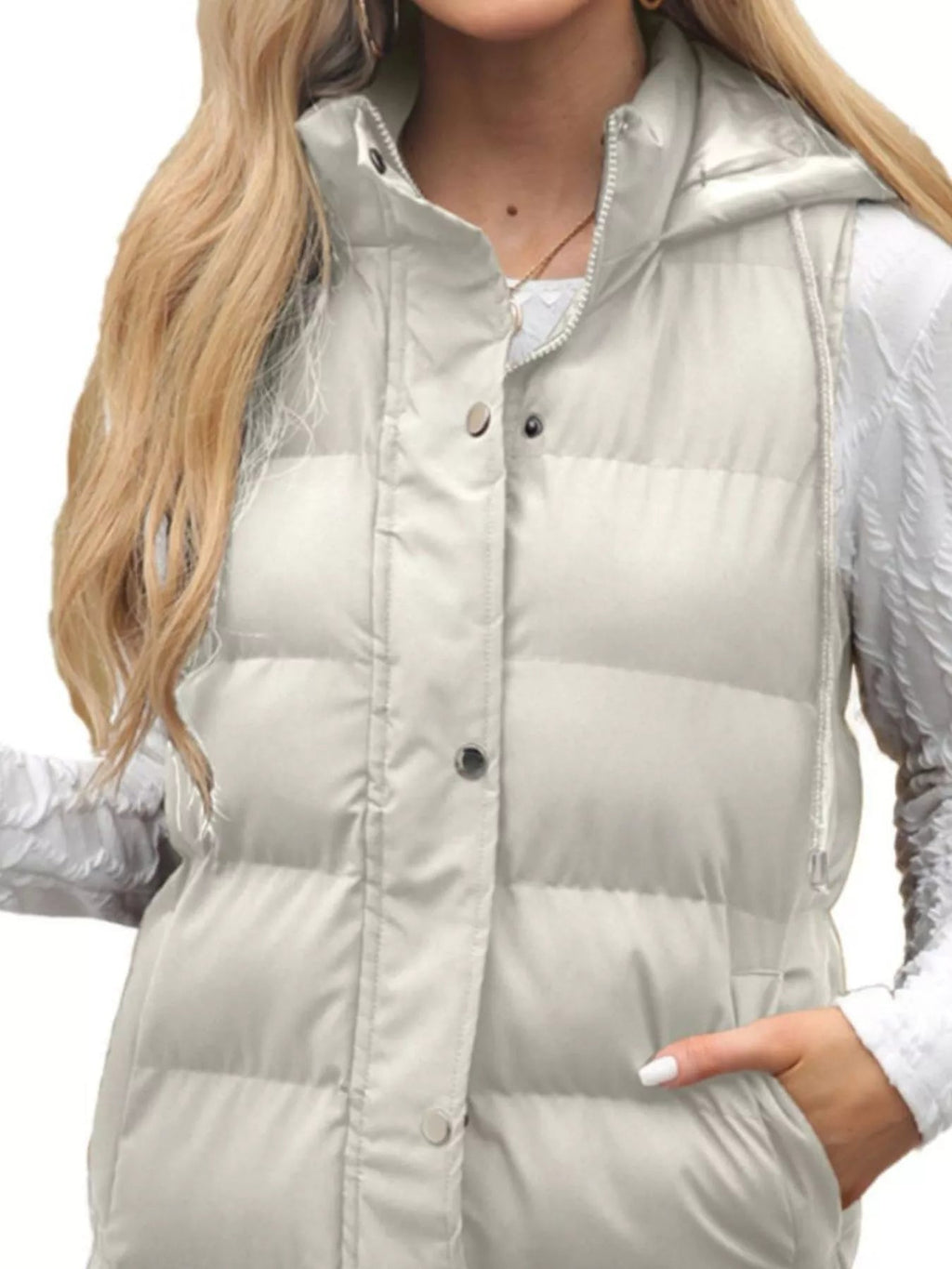 Plus size hooded padded vest providing warmth and style for comfortable outdoor wear.