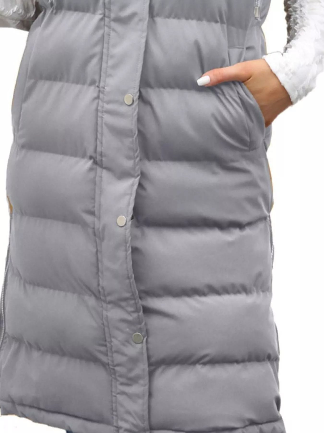 Plus size hooded padded vest providing warmth and style for comfortable outdoor wear.
