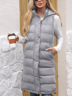 Plus size hooded padded vest providing warmth and style for comfortable outdoor wear.