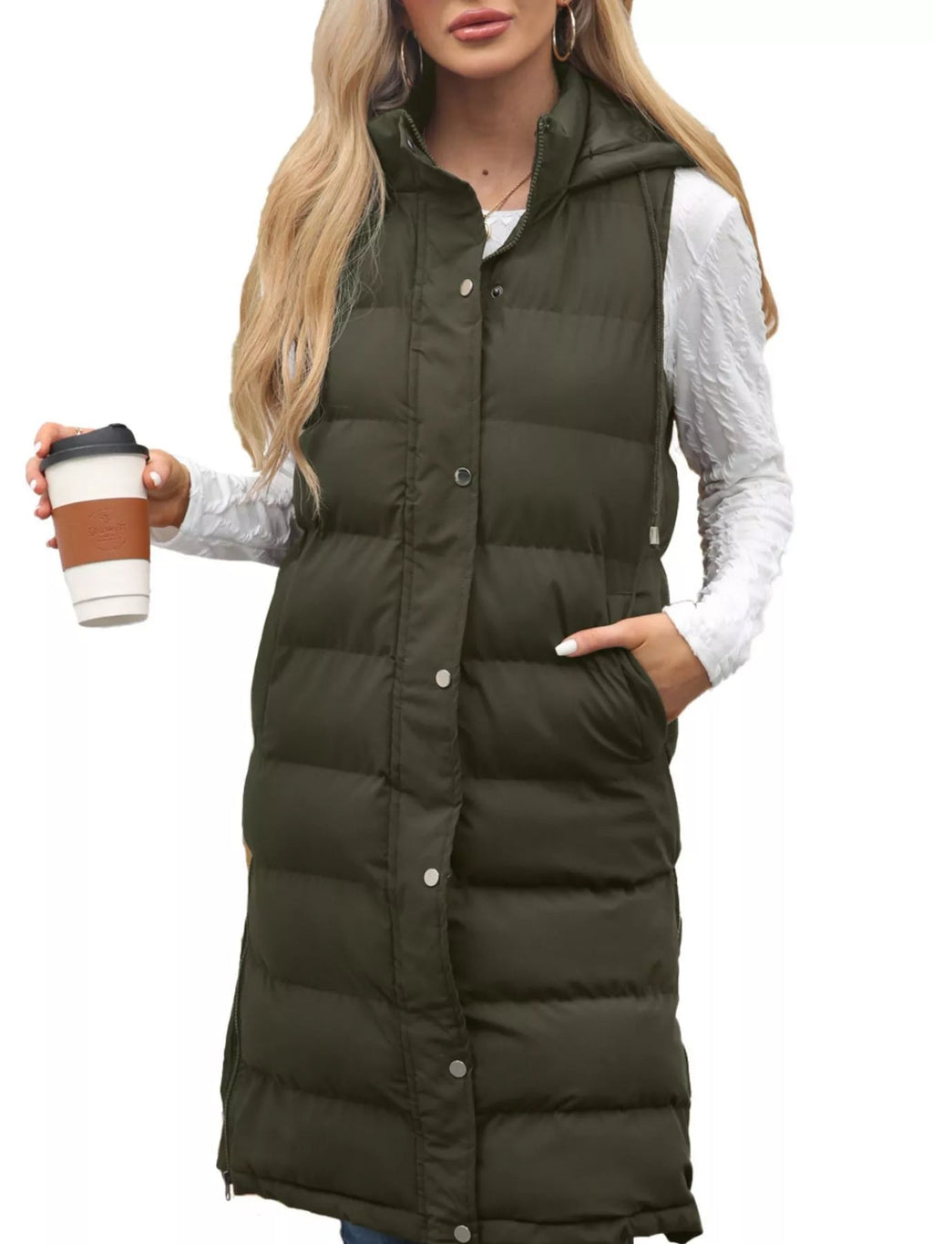 Plus size hooded padded vest providing warmth and style for comfortable outdoor wear.