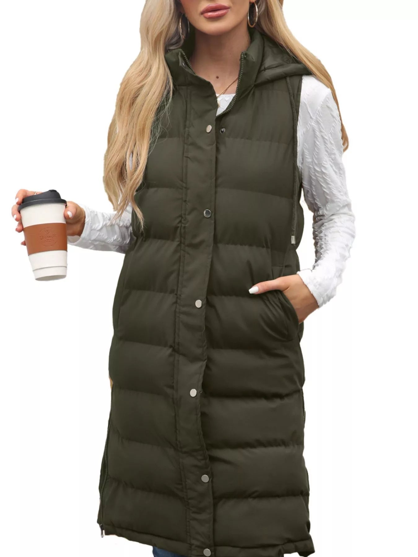 Plus size hooded padded vest providing warmth and style for comfortable outdoor wear.