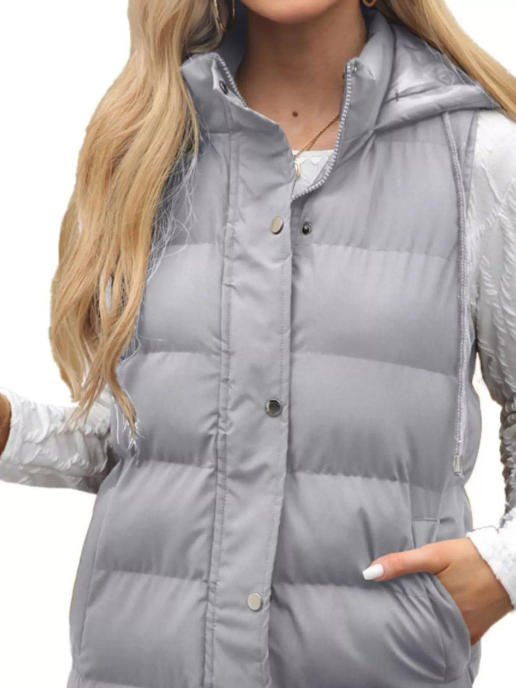 Plus size hooded padded vest providing warmth and style for comfortable outdoor wear.
