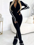 Full Size Stripe Zip-Front Long Sleeve Jumpsuit Plus Size.