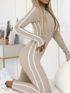 Full Size Stripe Zip-Front Long Sleeve Jumpsuit Plus Size.