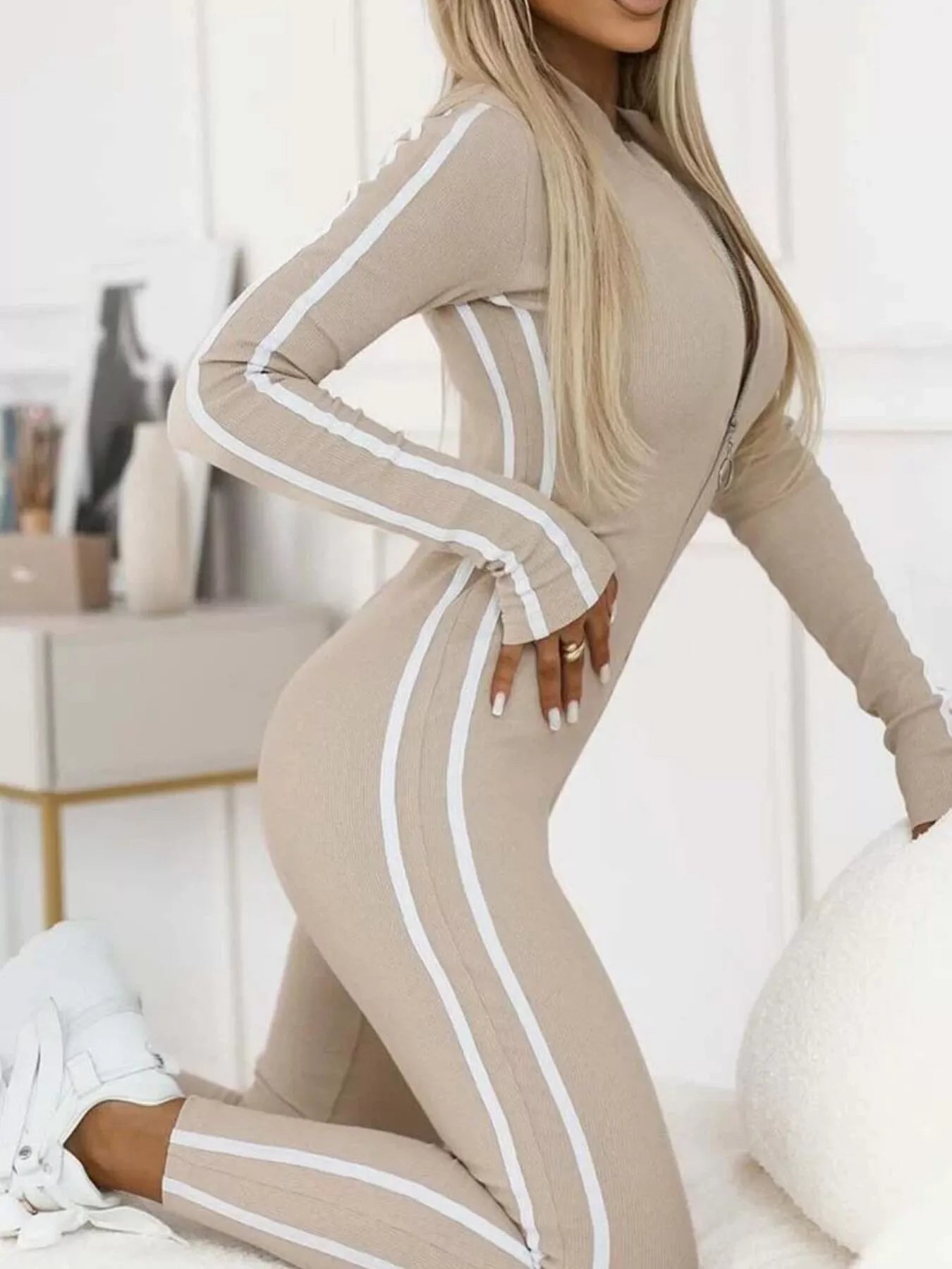 Full Size Stripe Zip-Front Long Sleeve Jumpsuit Plus Size.