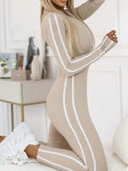 Full Size Stripe Zip-Front Long Sleeve Jumpsuit Plus Size.