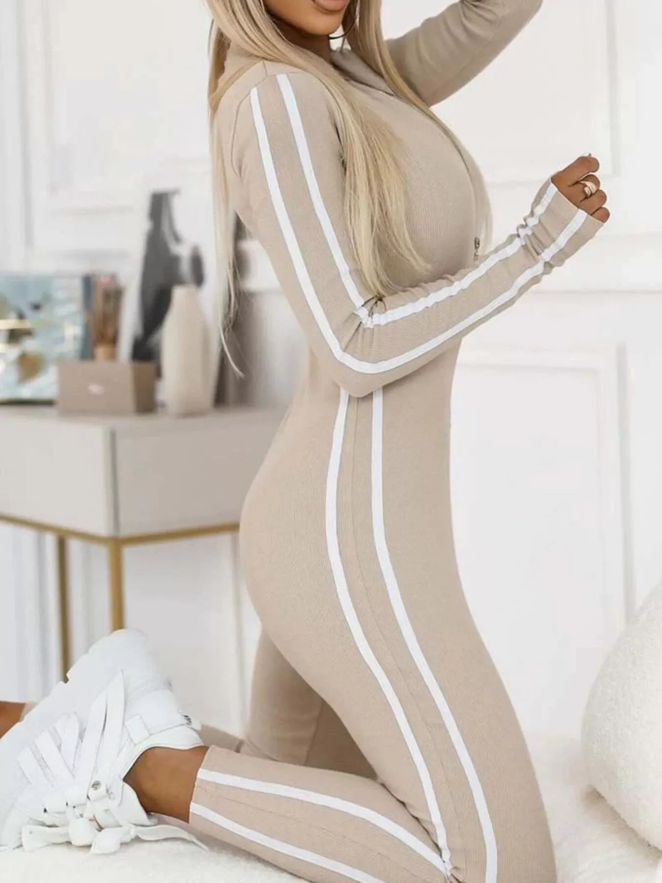 Full Size Stripe Zip-Front Long Sleeve Jumpsuit Plus Size.