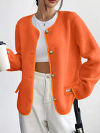 Full Size Textured Button-Up Fleece Outerwear Plus Size.