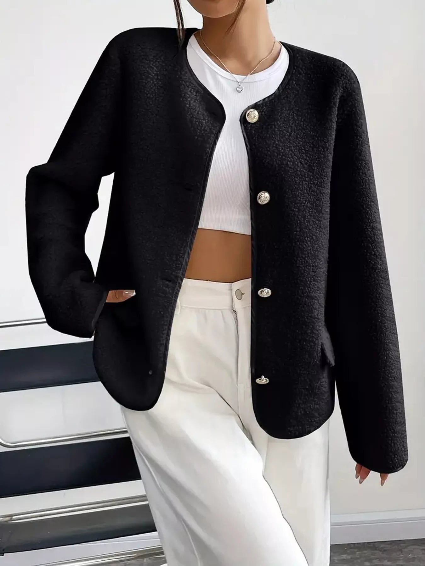 Full Size Textured Button-Up Fleece Outerwear Plus Size.