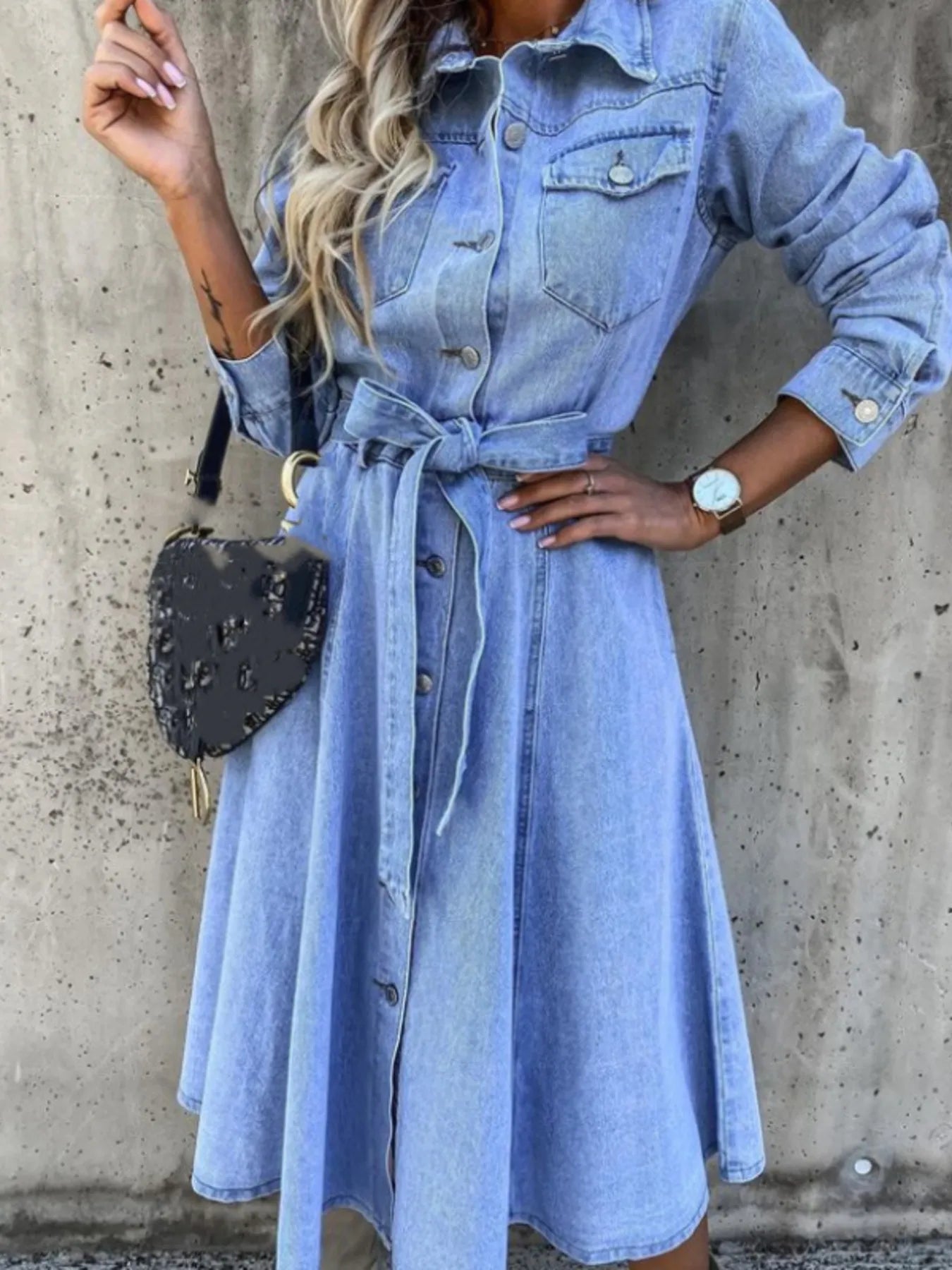 Full Size Tie Waist Button Front Denim Shirt Dress Plus Size.