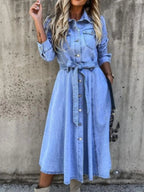 Full Size Tie Waist Button Front Denim Shirt Dress Plus Size.
