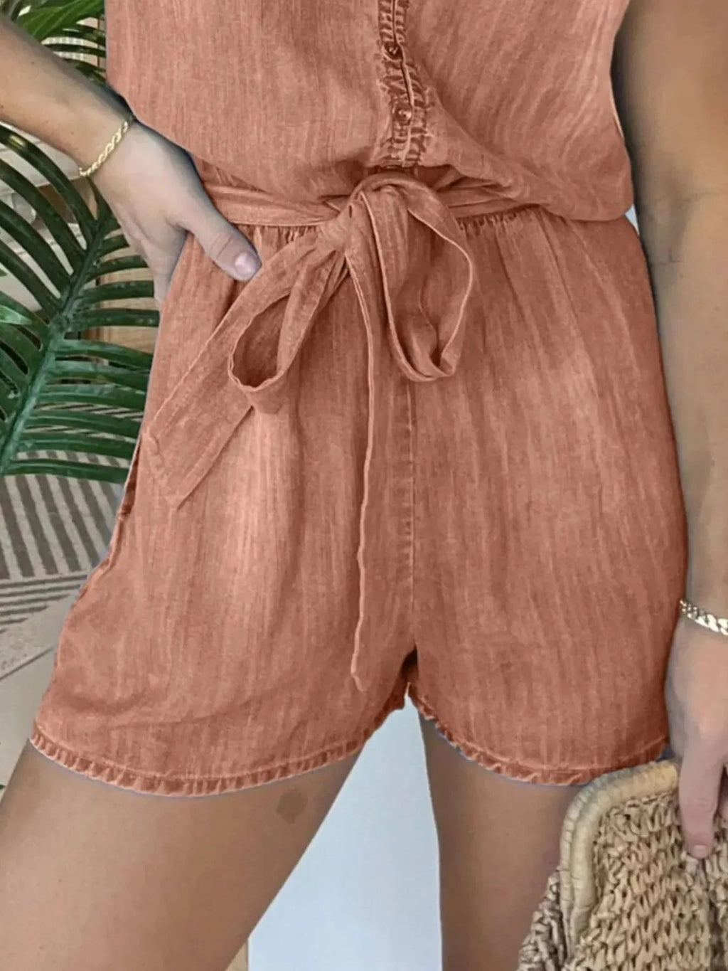 Full Size Tie Waist Cap Sleeve Denim Romper Plus Size.