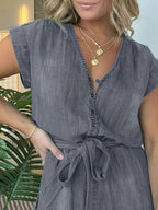 Full Size Tie Waist Cap Sleeve Denim Romper Plus Size.