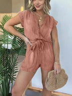 Full Size Tie Waist Cap Sleeve Denim Romper Plus Size.