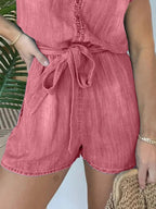 Full Size Tie Waist Cap Sleeve Denim Romper Plus Size.