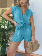 Full Size Tie Waist Cap Sleeve Denim Romper Plus Size.