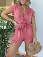 Full Size Tie Waist Cap Sleeve Denim Romper Plus Size.
