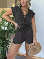 Full Size Tie Waist Cap Sleeve Denim Romper Plus Size.