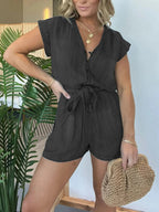 Full Size Tie Waist Cap Sleeve Denim Romper Plus Size.