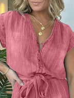 Full Size Tie Waist Cap Sleeve Denim Romper Plus Size.